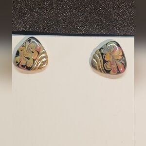 Vtg AVON 80s Art Glass Pink Black Swirl Shell Earrings
